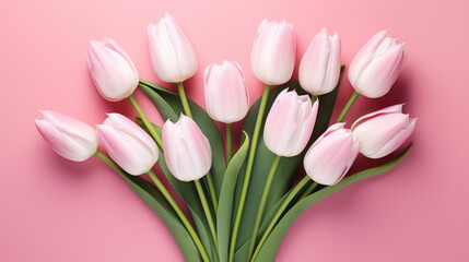 White and pink tulips with green leaves arranged neatly against a soft pink background.