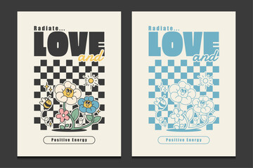 retro 70s posters with flowers cartoon characters, vector illustration © Gumey