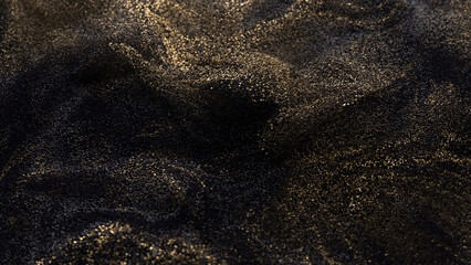 Black glitter with gold flecks. Golden loosened sand on ground.