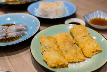 Chinese dim sum deep fried fish cake in restaurant