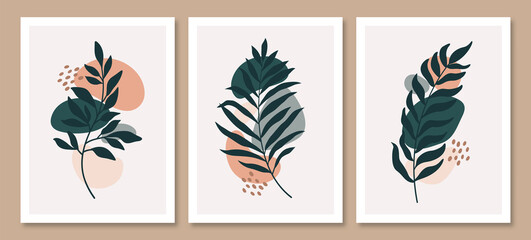 Fototapeta na wymiar wall art vector set. Foliage line art drawing with abstract shape. Abstract Plant Art design for print, cover, wallpaper, Minimal and natural wall art.