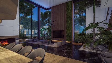 3d rendering of expensive cozy interior with green walls with living dining zone stair and kitchen for sale or rent. Warm interior lighting combined with cold light from night street