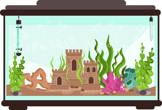 Aquarium element. Fish tank with seaweeds and castle. Empty fishbowl. Glass square container. Undersea plants. Sea algae and sand. Underwater animals home. Vector aquaculture equipment