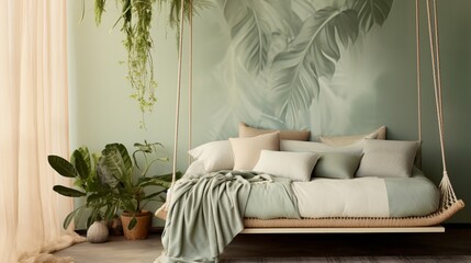 The nature-inspired color palette of Nature's Embrace Sleeping Space, featuring earthy tones, soft greens, and muted blues that contribute to a calming and harmonious sleeping environment.