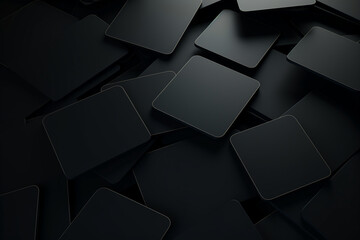 3d render, abstract black geometric background, minimal flat lay, twisted deck of square blank cards with rounded corners created with Generative Ai