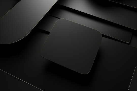3d render, abstract black geometric background, minimal flat lay, twisted deck of square blank cards with rounded corners created with Generative Ai