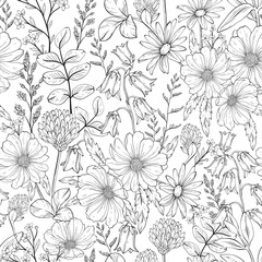 black and white pattern of different wild herbs - 694986487