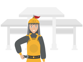 Ancient warriors standing next to ancient buildings