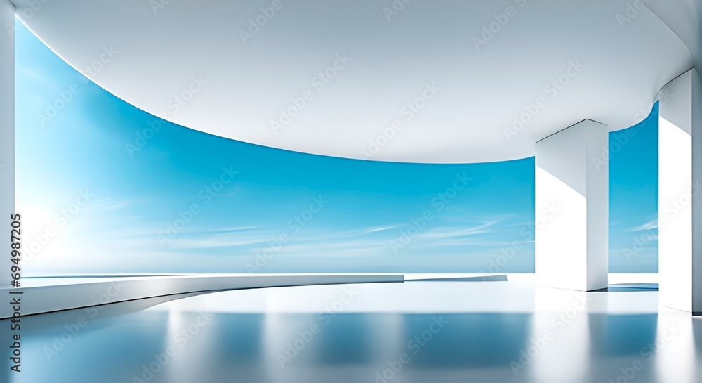 Poster futuristic white architecture with space for vehicle display. 3d render style. banner format.
