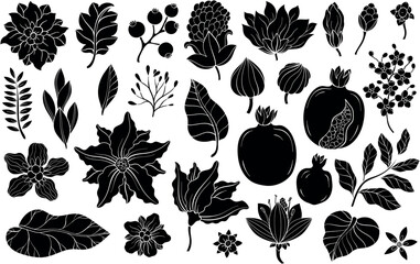 Silhouettes of Pomegranate fruit, flowers, leaves