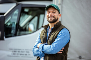 Happy confident male driver standing in front on his truck - obrazy, fototapety, plakaty
