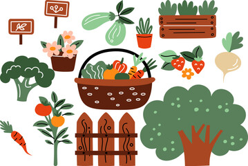 Garden plants. Vegetable gardening. Food growing. Basket with carrots and tomatoes. Wooden fence. Seedlings in pot. Agriculture cultivation. Broccoli and strawberry. Horticulture vector set