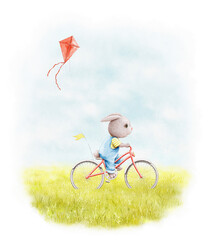 Bright landscape scenery with green grass summer meadow, sky and little cute rabbit animal in overalls rides a red bike and red kite. Watercolor hand drawn illustration sketch
