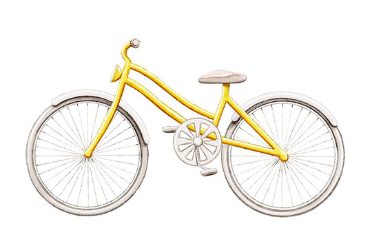 Bright yellow summer female bicycle isolated on white background. Watercolor hand drawn illustration sketch