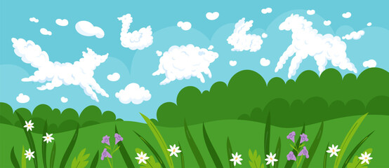 Landscape with zoomorphic clouds. Bizarre cloudy outlines. Similarity with animals. Summer glade. Kids imagination. Forest meadow panorama. Cloudscape fantasy. Garish vector concept