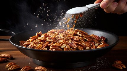 sprinkling cinnamon and sugar onto a pan with pecans - obrazy, fototapety, plakaty