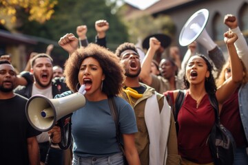 Multiethnic crowd of people fighting for freedom on a protest against racial discrimination, focus is on African American couple shouting through megaphone - obrazy, fototapety, plakaty