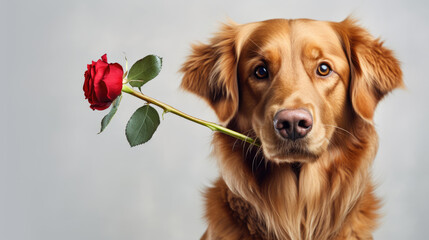 Golden retriever holding a red rose in its mouth, with an expressive and attentive look on its face.