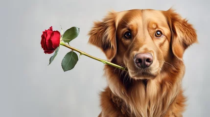 Foto op Canvas Golden retriever holding a red rose in its mouth, with an expressive and attentive look on its face. © MP Studio