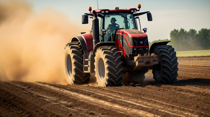 Fototapeta premium Tractor plowing a field, with dust being kicked up by the tires