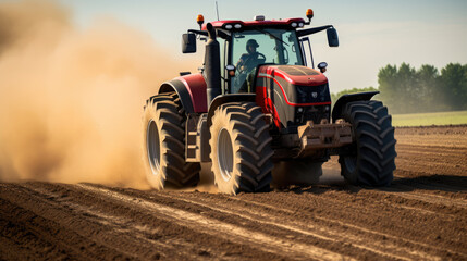 Tractor plowing a field, with dust being kicked up by the tires