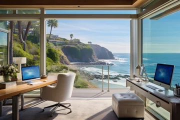 Foto op Plexiglas A coastal home office with a glass desk and a panoramic view of a serene coastal landscape © Mr