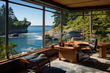 A coastal home office with a glass desk and a panoramic view of a serene coastal landscape