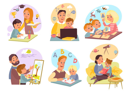 Parents learning children. Moms and dads help kids do homework. Adult and student characters. Family studying together. Distance education. Read books. Paint picture. Splendid vector set
