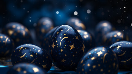 stylish Easter eggs in dark blue color with gold star patterns - obrazy, fototapety, plakaty