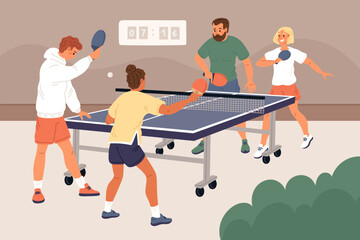Ping pong tournament. People play table tennis. Couples compete with each other. Athletes hit ball with rackets. Sportsman match. Sport championship. Players team. Garish vector concept - obrazy, fototapety, plakaty