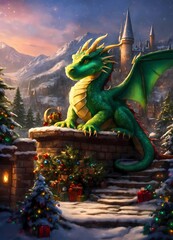 Fototapeta premium The statue of the Chinese green dragon on the roof as a symbol of the New Year