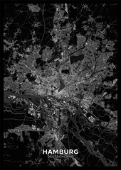 Hamburg map. Detailed dark map poster of Hamburg (Germany). Natural features (lakes, rivers), various types of roads and buildings are grouped separately. - 694988671