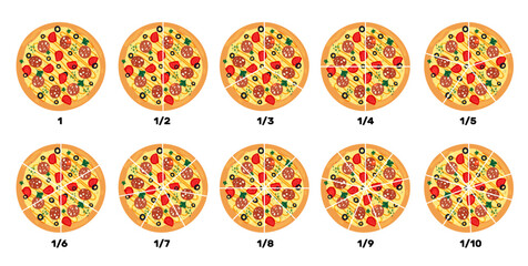Pizza with fractions. Food pieces. Mathematical calculations. Meal rate. Children education. Whole pepperoni. Baking slice diagram. Italian cuisine. Pizzeria restaurant. Vector concept - obrazy, fototapety, plakaty