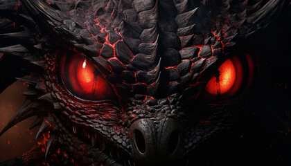 a fantasy dragon head with red eyes and black background - obrazy, fototapety, plakaty