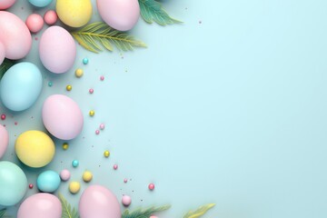 Fototapeta na wymiar Horizontal light blue Easter banner with light pink, yellow, blue, pearlescent colored dyed eggs on the left. Additional decorative elements green branch, colored round candies. Conceptual poster