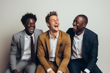 Three young friends smiling, taking a selfie, and having fun together. Men of diverse races celebrating their friendship with positive expressions and dressed in suits