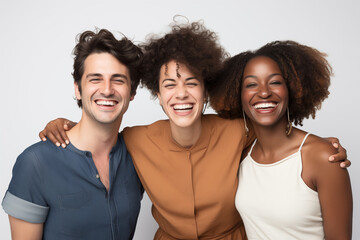 Photograph of three friends posing together in a medium shot, smiling, and looking at the camera against a white background - obrazy, fototapety, plakaty
