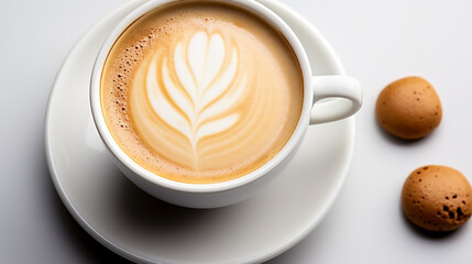 Wide panoramic top view photo of a Cappuccino coffee cup with cream design on it and a saucer in white background 