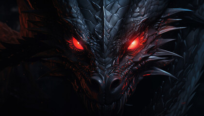 a fantasy dragon head with red eyes and black background - obrazy, fototapety, plakaty