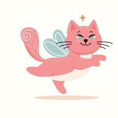 Cute pink cat flying in the sky. Vector illustration in cartoon style.