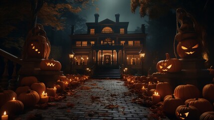 A historic mansion with a grand Halloween display, including life-size pumpkin figures, elegant candelabras, and a vintage carriage adorned with autumnal decorations