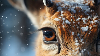 photo of a fawn in a snowy forest, sunny day