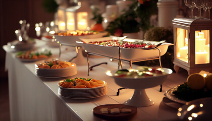 Catering wedding buffet for events. Wedding Reception Buffet Food, Ai generated image. - obrazy, fototapety, plakaty