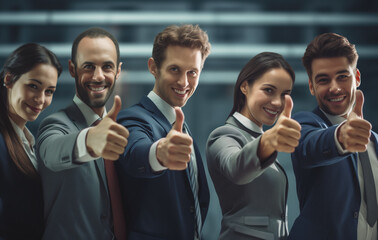 A mixed team of male and female business professionals giving thumbs up in an environment of success, agreement, or teamwork in a corporate setting.