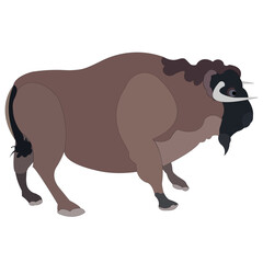 A powerful bison stands on four legs. The bull's head has sharp horns pointing straight. The animal is drawn sideways.