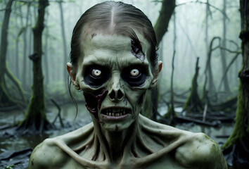 Portrait of an scary rotten female zombie in a swamp	