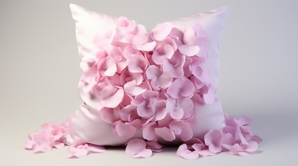 A heart-shaped cluster of rose petals scattered on a plush velvet cushion