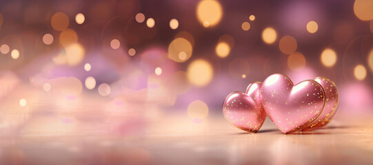 Two glossy hearts on pink background, bokeh and diamond dust. Valentine's concept. Blurred heart in...
