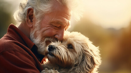 copy space, stockphoto, realistic, National Love Your Pet Day. Elderly man hugging his dog. Peaceful scene. Love and friendship between an animal, dog and boy, owner.