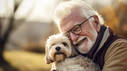 copy space, stockphoto, realistic, National Love Your Pet Day. Elderly man hugging his dog. Peaceful scene. Love and friendship between an animal, dog and boy, owner.